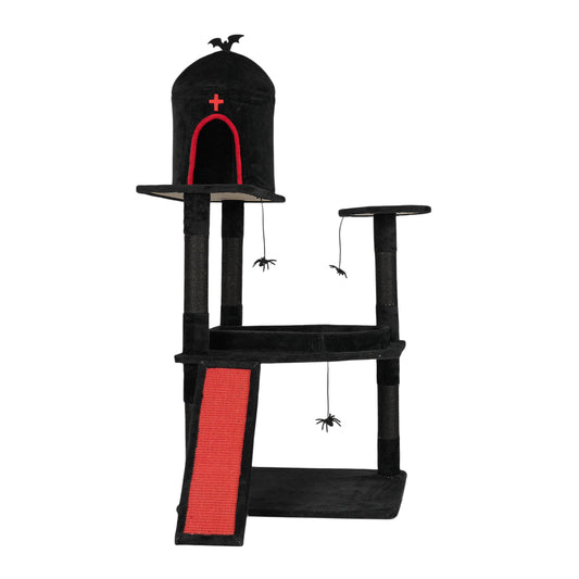 US Local Halloween 53" Gothic Cat Tree with Coffin Bed, Large Cat Tower with Spacious Cat Condo, Scratching Posts, Spider Hanging Toys, Scratching Board, Multi-Level Cat Activities Furniture for Large Cats, Red & Black