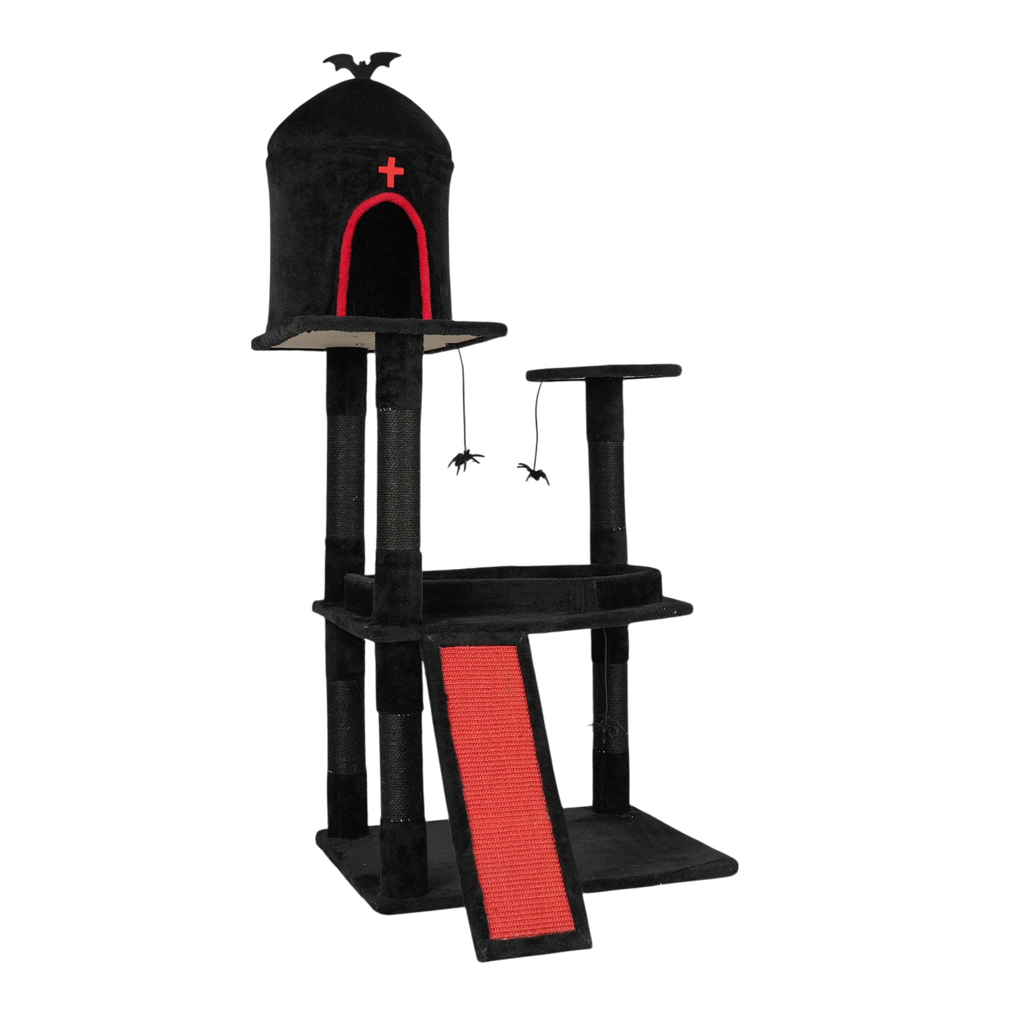 US Local Halloween 53" Gothic Cat Tree with Coffin Bed, Large Cat Tower with Spacious Cat Condo, Scratching Posts, Spider Hanging Toys, Scratching Board, Multi-Level Cat Activities Furniture for Large Cats, Red & Black
