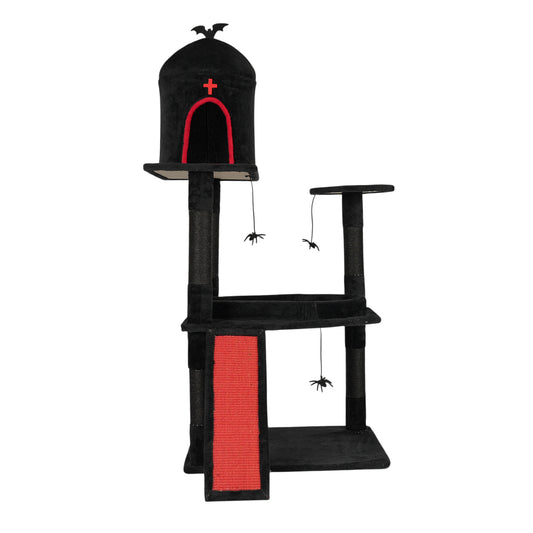 US Local Halloween 53" Gothic Cat Tree with Coffin Bed, Large Cat Tower with Spacious Cat Condo, Scratching Posts, Spider Hanging Toys, Scratching Board, Multi-Level Cat Activities Furniture for Large Cats, Red & Black
