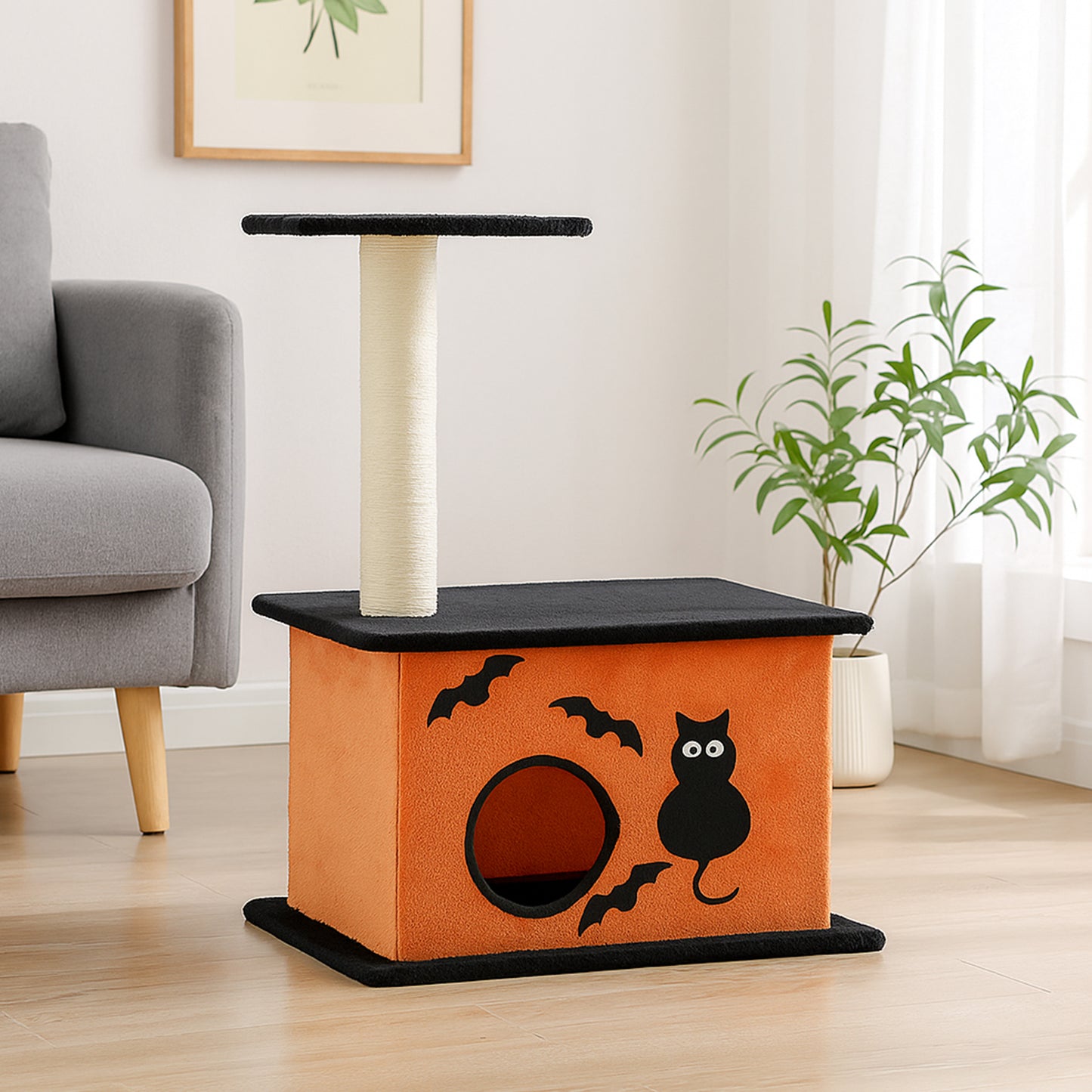 US Local 33" Halloween Cat Tree, Cat Tower Cat Tree for Indoor Cats with Spacious Cat Condo, Large Platform, Sisal Scratching Post, Orange & Black