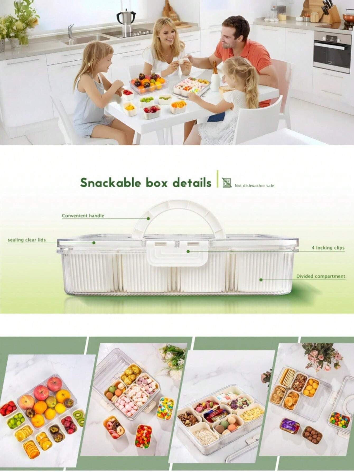 US Local Divided Serving Tray with Lid and Handle£¬Snackle Box Container, Snack Organizer for Adults Fruit Tray, Veggie Tray, Candy Tray, 8 Compartments Snack Tray for Snacks