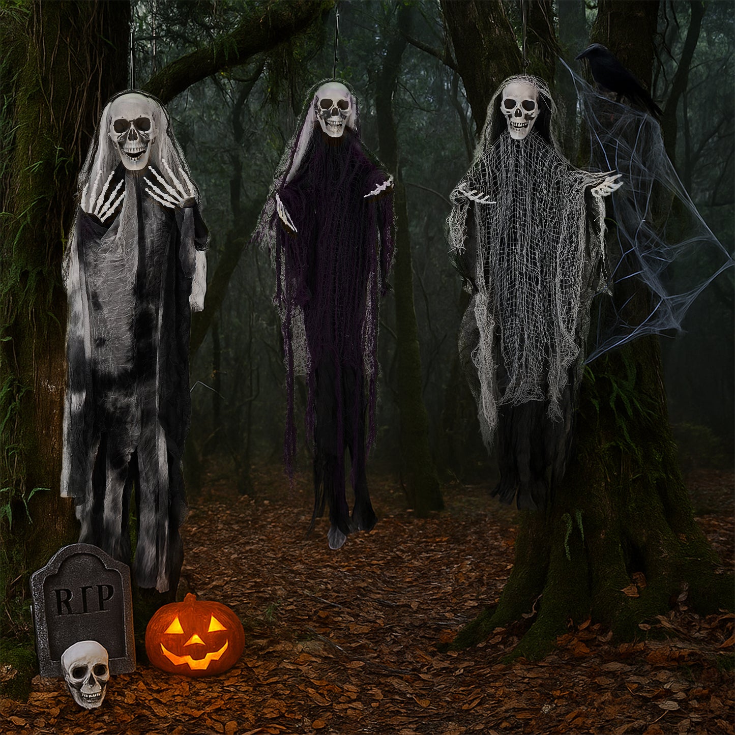 US Local 3 Pack Hanging Halloween Skeleton Ghosts Decorations, Grim Reapers for Best Halloween Outdoor Decorations
