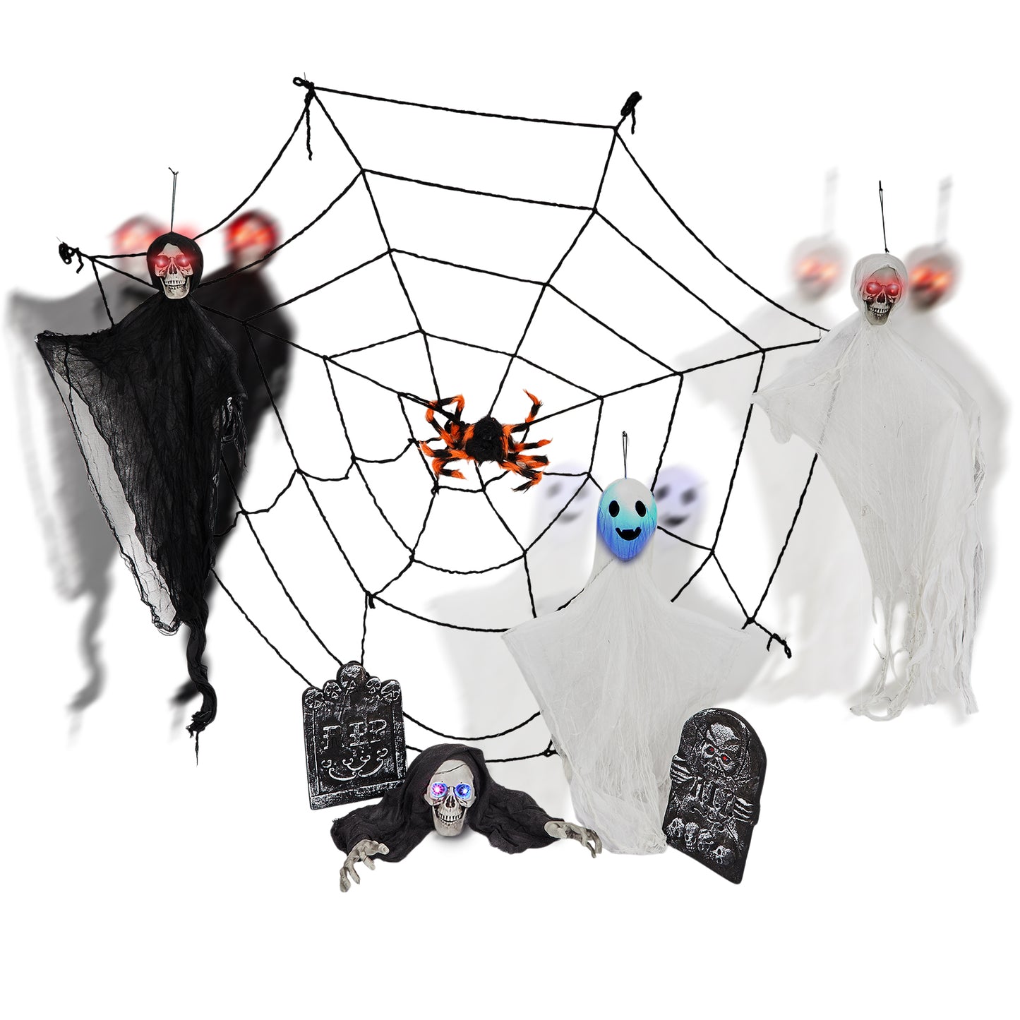 US Local Outdoor Halloween Decorations 8-Piece Set, Hanging Ghosts Decor and Cobweb and Gravestone with Lighted Up Eyes, Scary Swinging Ghost Flying for Yard Patio Lawn Garden