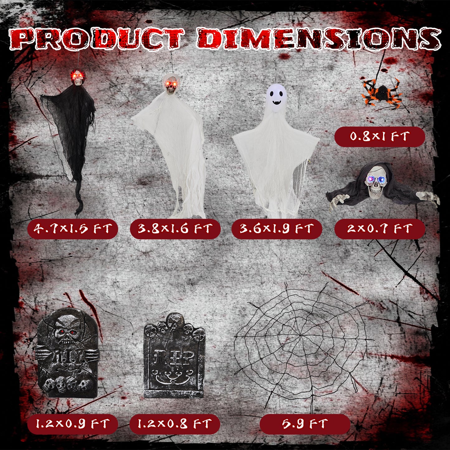 US Local Outdoor Halloween Decorations 8-Piece Set, Hanging Ghosts Decor and Cobweb and Gravestone with Lighted Up Eyes, Scary Swinging Ghost Flying for Yard Patio Lawn Garden