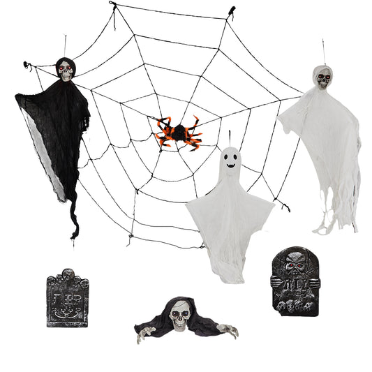 US Local Outdoor Halloween Decorations 8-Piece Set, Hanging Ghosts Decor and Cobweb and Gravestone with Lighted Up Eyes, Scary Swinging Ghost Flying for Yard Patio Lawn Garden