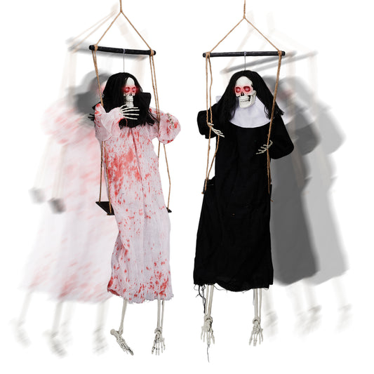 US Local Outdoor Halloween Decorations 2 Packs Hanging Ghosts Decor with Lighted Up Eyes and Horror Scream, 3ft Scary Grim Reaper Swinging Ghost Flying for Yard Patio Lawn Garden