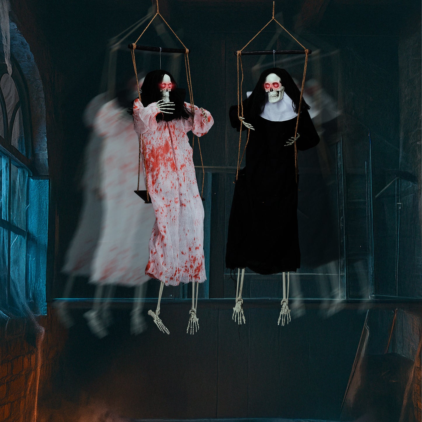 US Local Outdoor Halloween Decorations 2 Packs Hanging Ghosts Decor with Lighted Up Eyes and Horror Scream, 3ft Scary Grim Reaper Swinging Ghost Flying for Yard Patio Lawn Garden