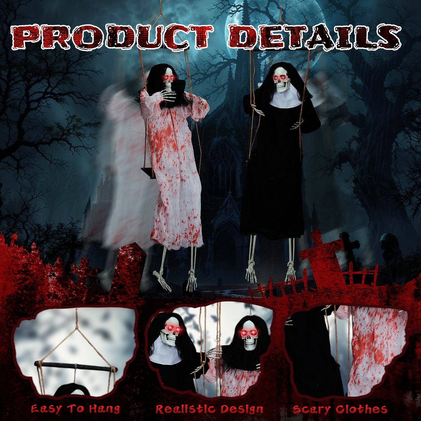 US Local Outdoor Halloween Decorations 2 Packs Hanging Ghosts Decor with Lighted Up Eyes and Horror Scream, 3ft Scary Grim Reaper Swinging Ghost Flying for Yard Patio Lawn Garden