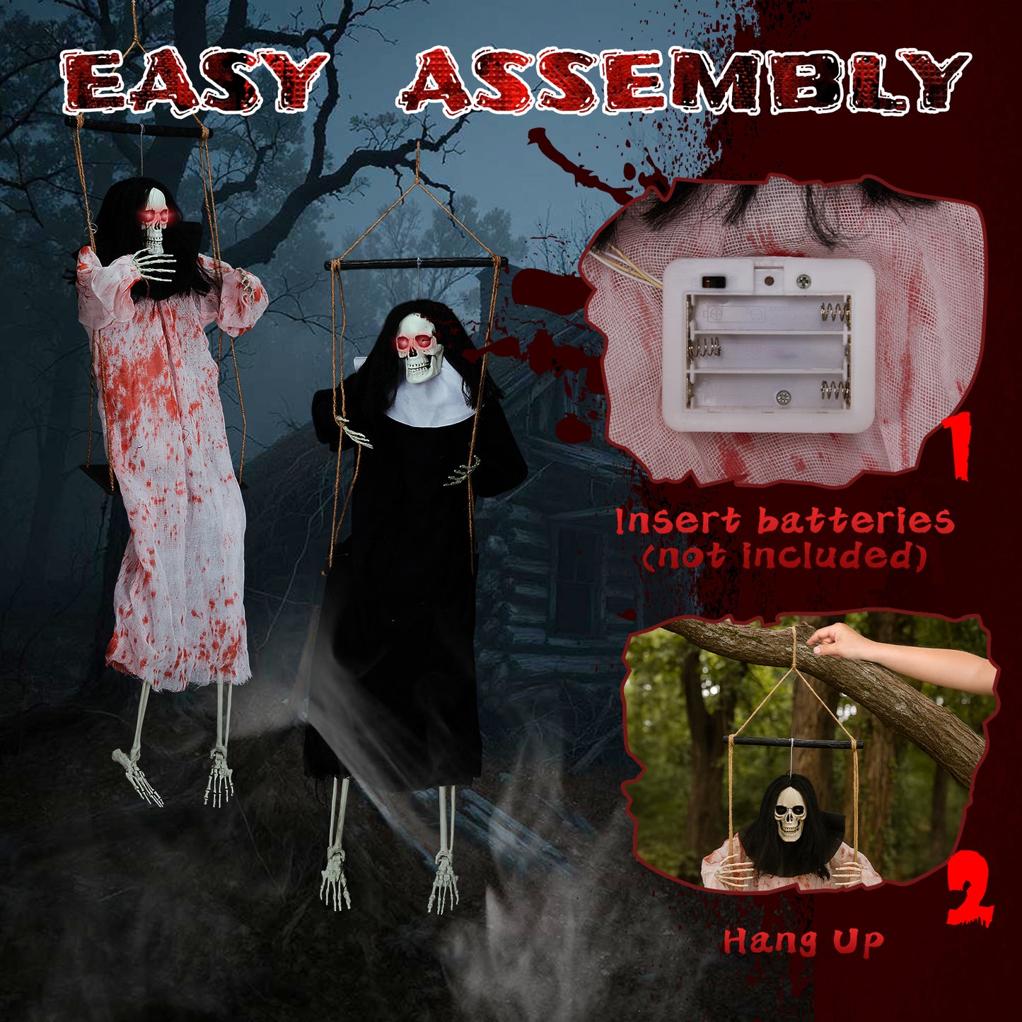 US Local Outdoor Halloween Decorations 2 Packs Hanging Ghosts Decor with Lighted Up Eyes and Horror Scream, 3ft Scary Grim Reaper Swinging Ghost Flying for Yard Patio Lawn Garden