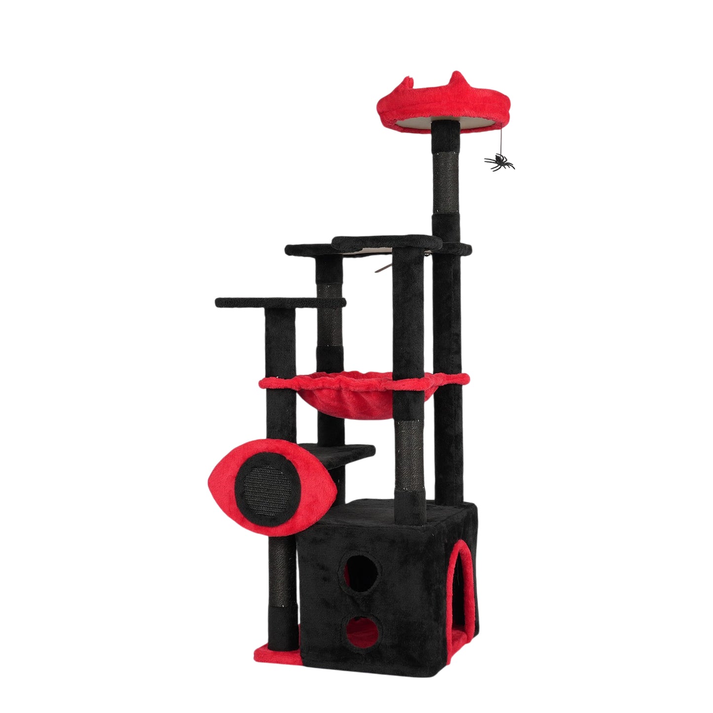 US Local Halloween 53" Large Cat Tree, Gothic Cat Tower with Padded Perch, Spacious Condo, Comfy Hammock, Scratching Post, Hanging Toy for Indoor Cats, Red & Black