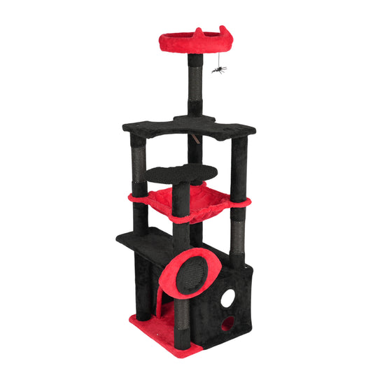 US Local Halloween 53" Large Cat Tree, Gothic Cat Tower with Padded Perch, Spacious Condo, Comfy Hammock, Scratching Post, Hanging Toy for Indoor Cats, Red & Black