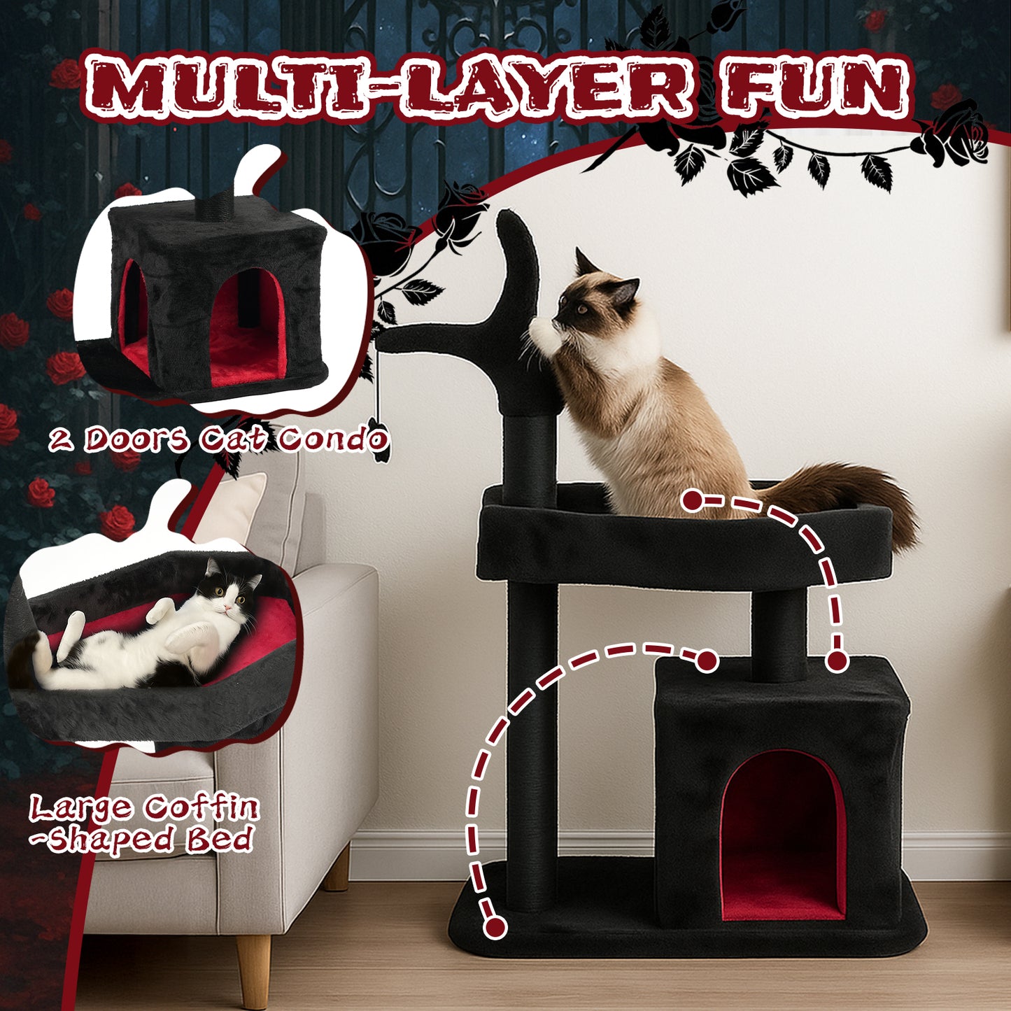 US Local Halloween 44.5" Heavy Duty Gothic Cat Tree Large Cat Tower Cat Tree for Indoor Cats Spacious Cat Condo Coffin for Large Cats Scratching Posts Hanging Ball Pet Activities Platform Cat Furniture