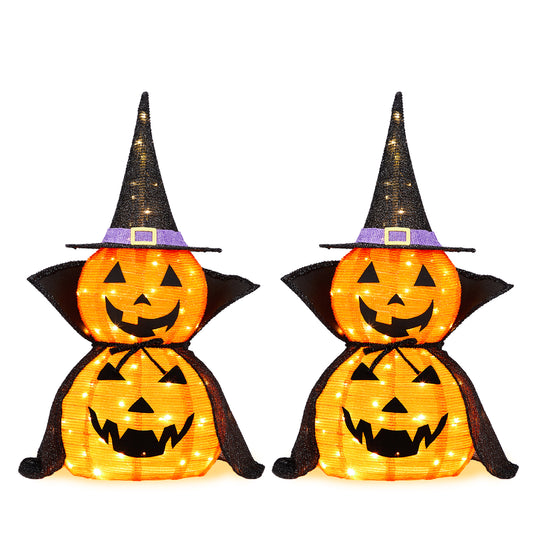US Local 2Packs 3FT Halloween Collapsible Lighted Pumpkin Decoration, 176 LED Pop-Up Pumpkin Lamp with Cape, Plug in Halloween Jack-O-Lantern with Metal Stand for Indoor Outdoor Garden Patio Party Decor