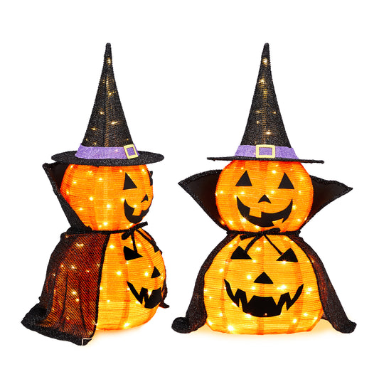 US Local 2Packs 3FT Halloween Collapsible Lighted Pumpkin Decoration, 176 LED Pop-Up Pumpkin Lamp with Cape, Plug in Halloween Jack-O-Lantern with Metal Stand for Indoor Outdoor Garden Patio Party Decor