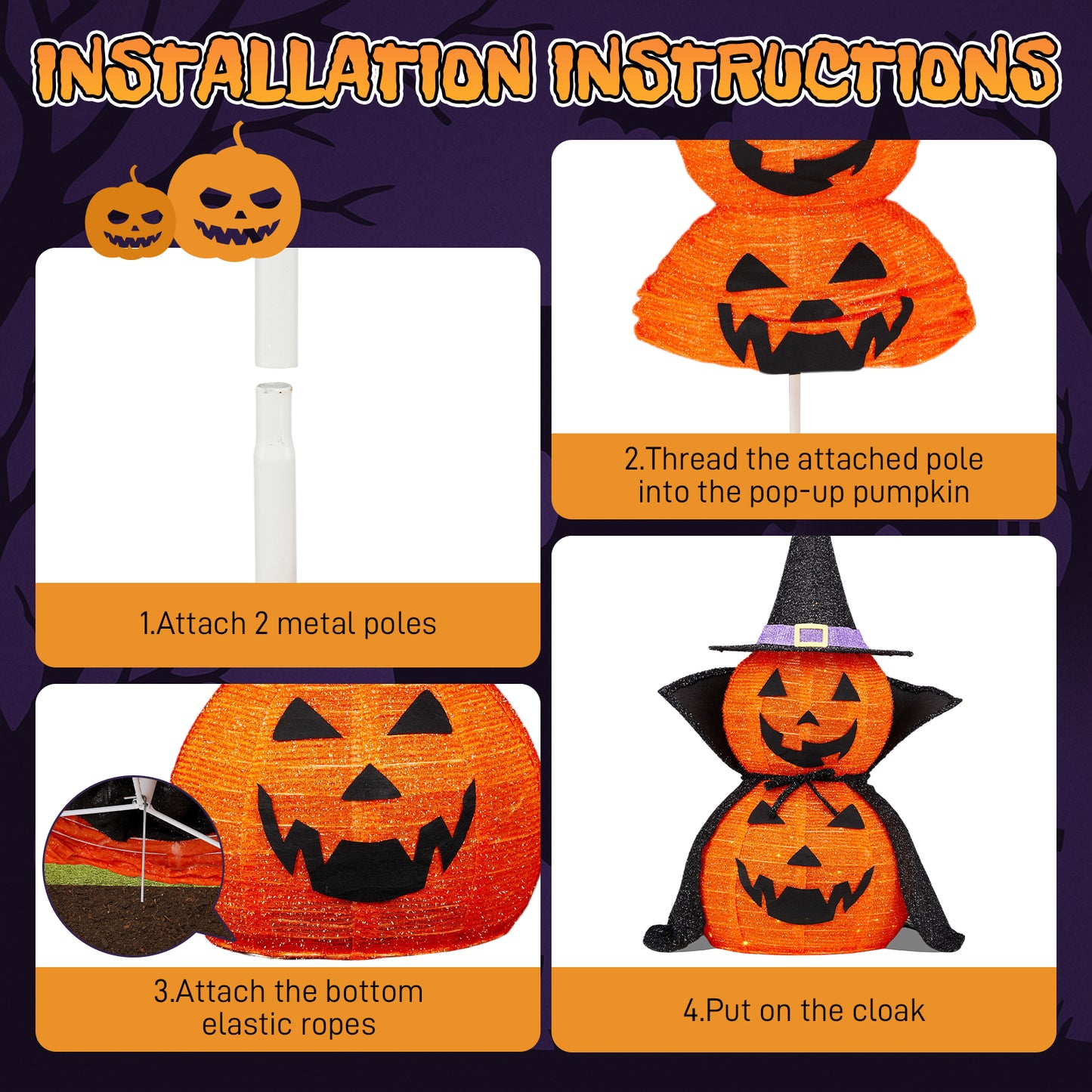 US Local 2Packs 3FT Halloween Collapsible Lighted Pumpkin Decoration, 176 LED Pop-Up Pumpkin Lamp with Cape, Plug in Halloween Jack-O-Lantern with Metal Stand for Indoor Outdoor Garden Patio Party Decor