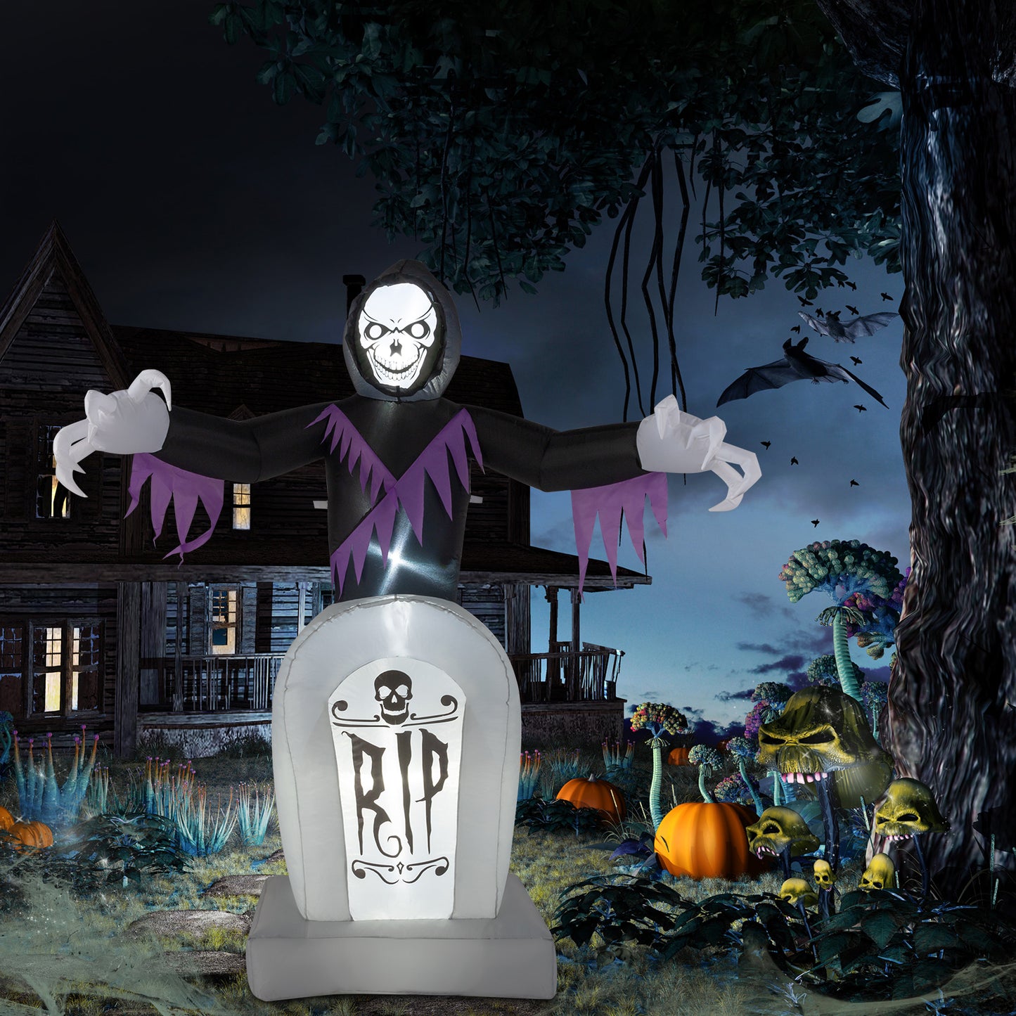 US Local 8ft Garden 3pcs LED String Lights Grim Reaper and Grave Inflatable Halloween Decoration
