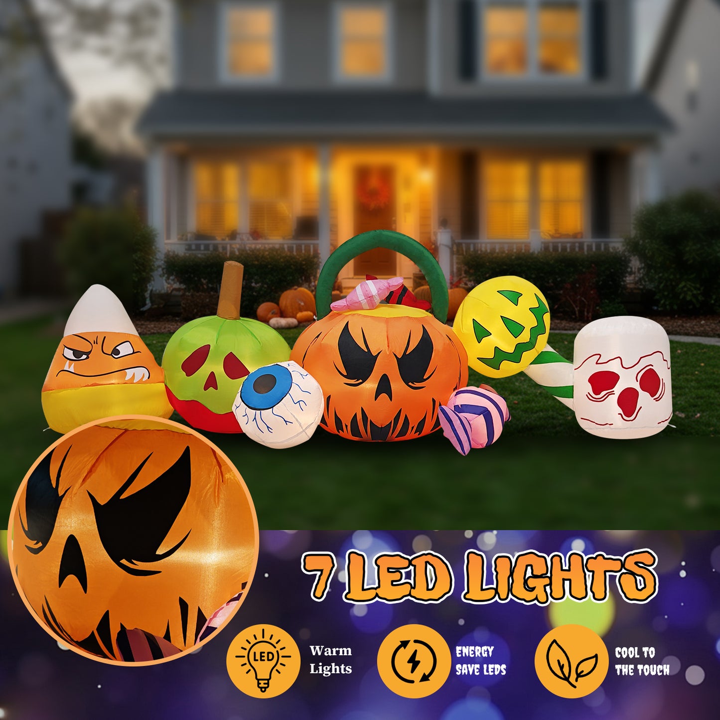 US Local 8FT Long Halloween Inflatables Pumpkins Eyeball Candy Outdoor Decorations, Blow Up Yard Decoration with Built-in LEDs Lighted for Lawn Garden Outside Indoor Decor