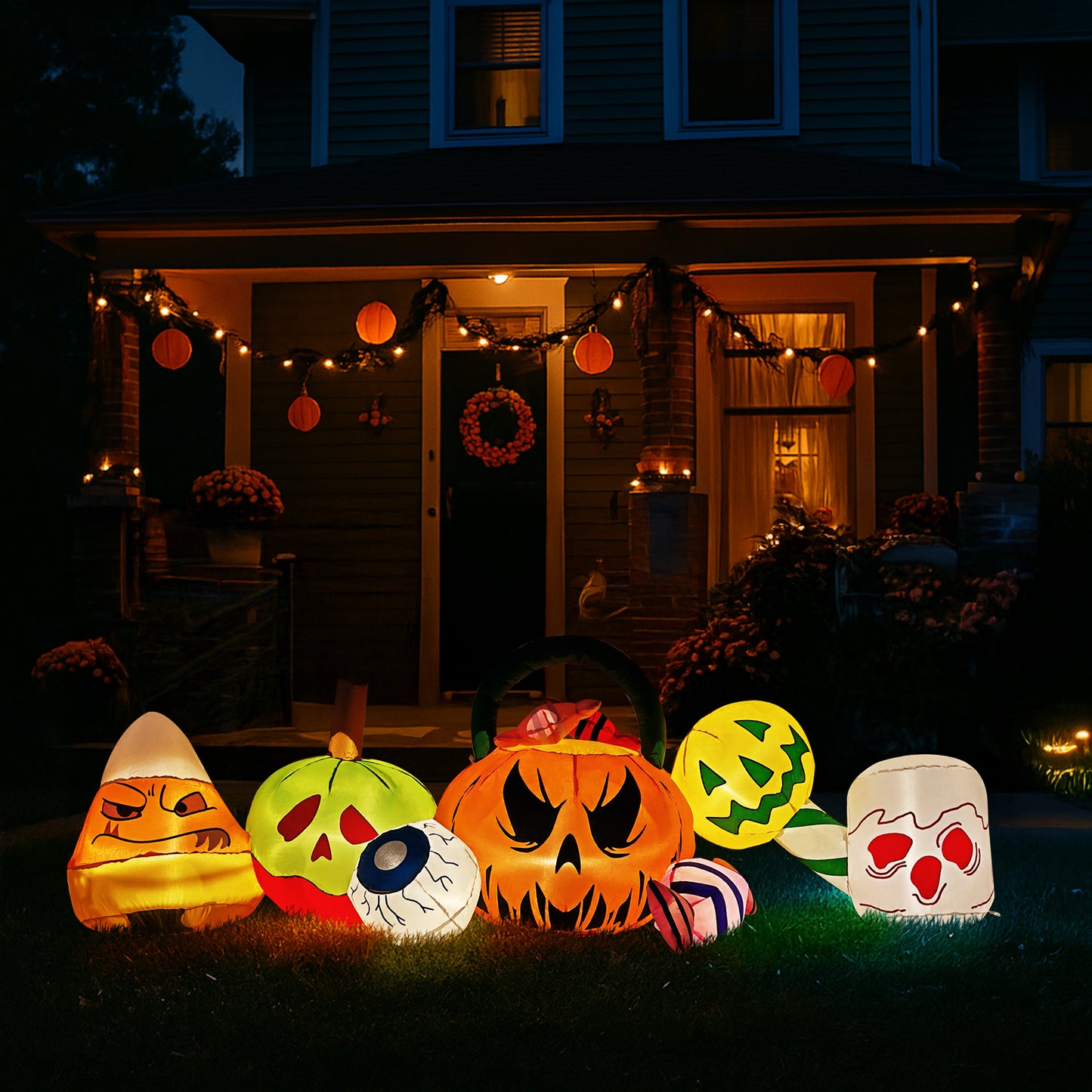 US Local 8FT Long Halloween Inflatables Pumpkins Eyeball Candy Outdoor Decorations, Blow Up Yard Decoration with Built-in LEDs Lighted for Lawn Garden Outside Indoor Decor
