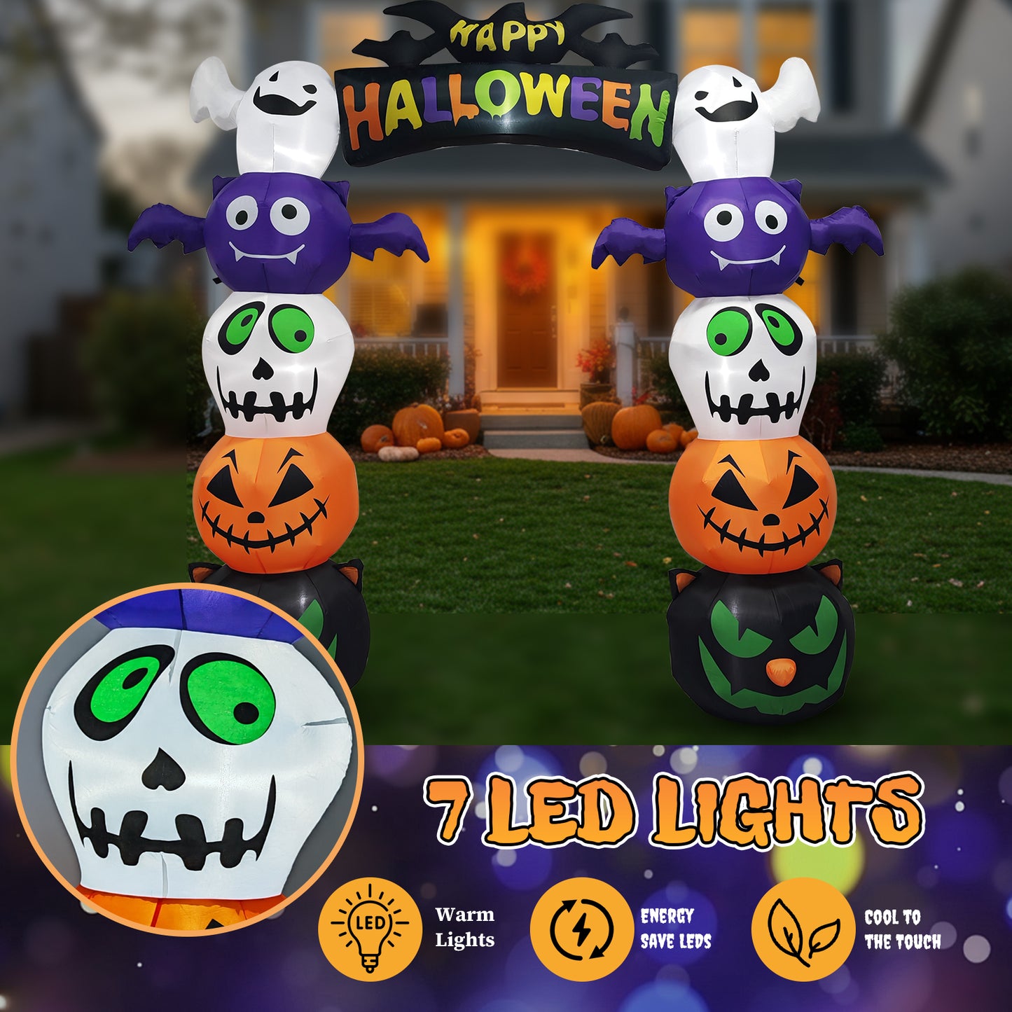 US Local 8.2 FT Cute Halloween Inflatables Pumpkin Archway Outdoor Decoration, Giant Blow up Yard Arch Decorations with Built-in LED Lights for Holiday Party Front Yard Lawn Garden Decor