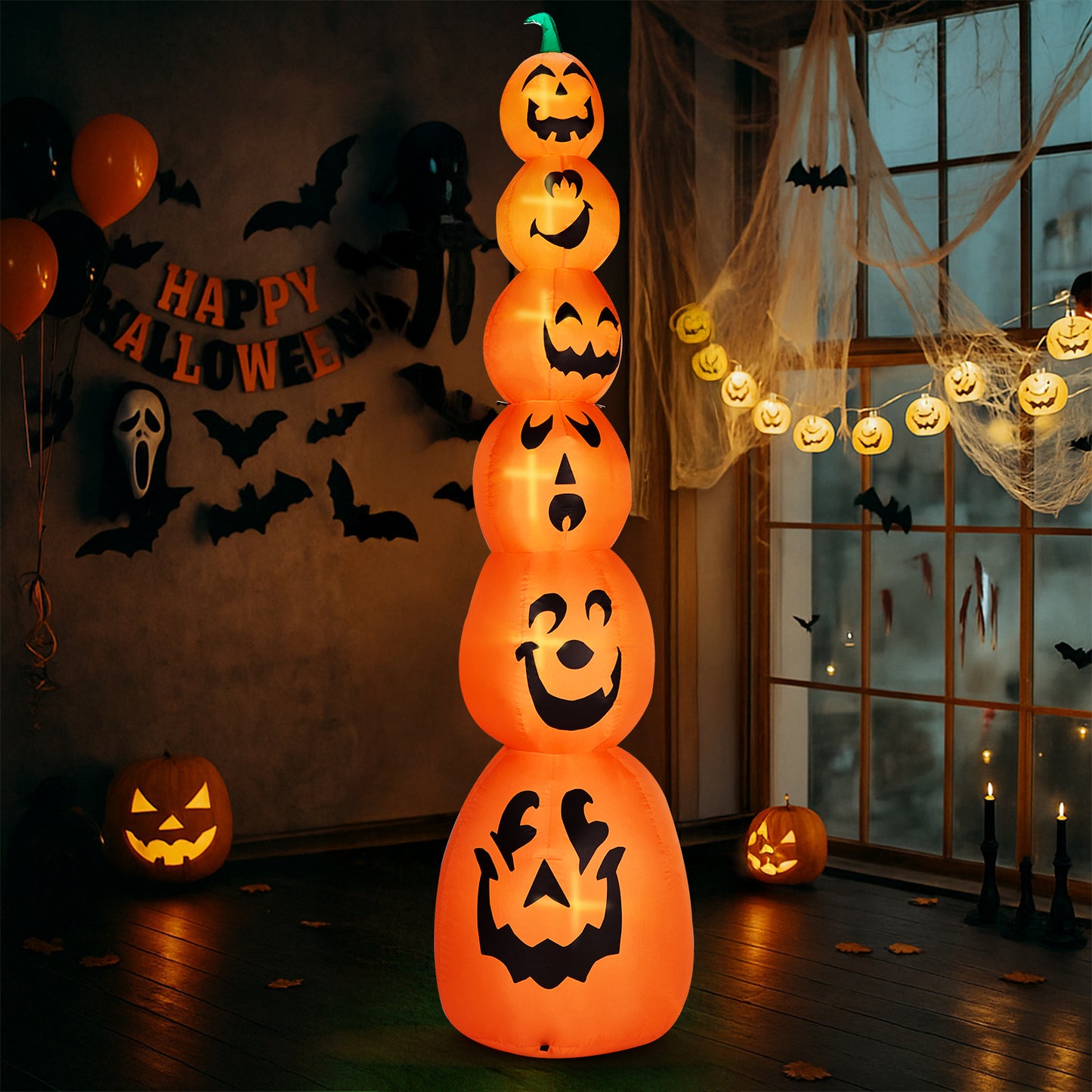 US Local 9FT Halloween Inflatable Stacked Pumpkins, Blow up 6 Pumpkins Inflatable with Built-in LED Lights Outdoor Decorations Large Party Yard Decoration
