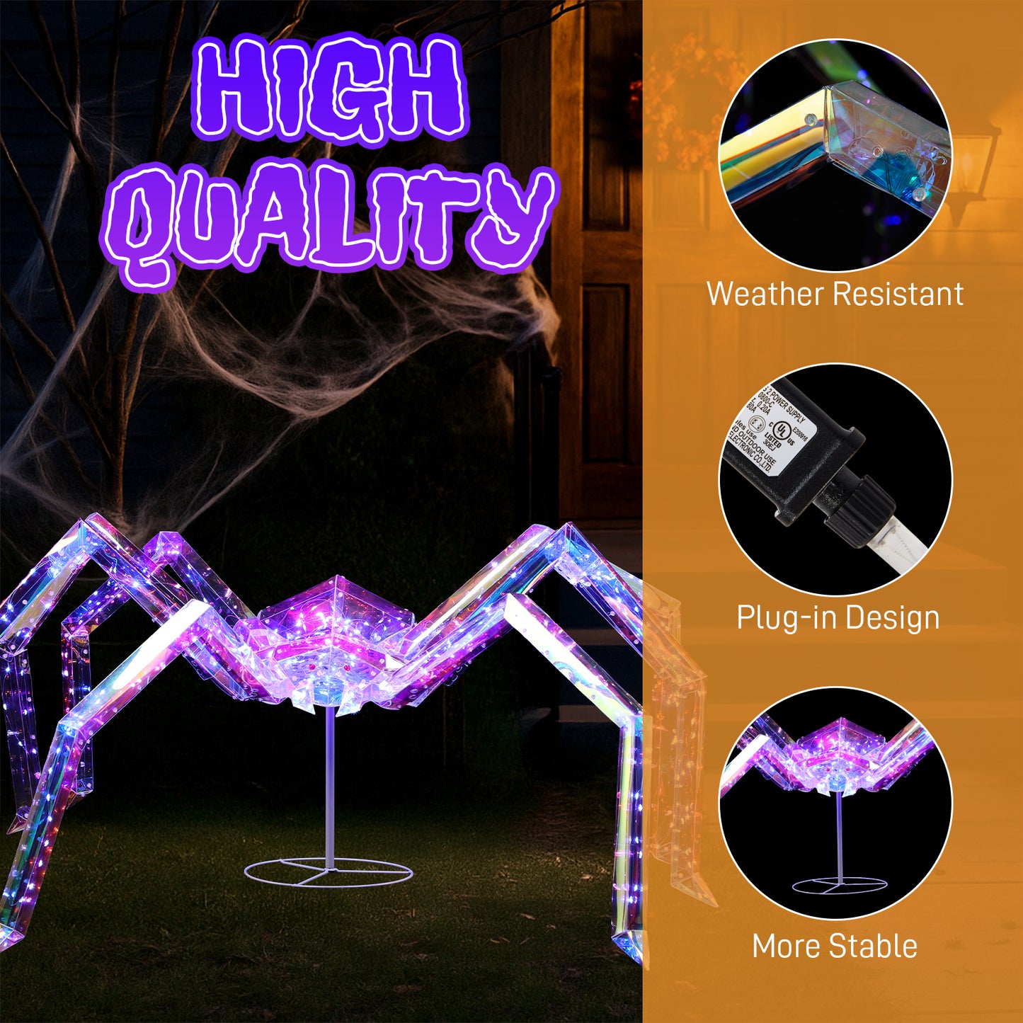 US Local 3FT Halloween Decorations Light Up Spider, Outdoor Halloween Decor Lighted Iridescent Spider, Weather Proof Pre-lit Spider with 340 LED Lights, for Front Yard Porch Gardens Lawns Party