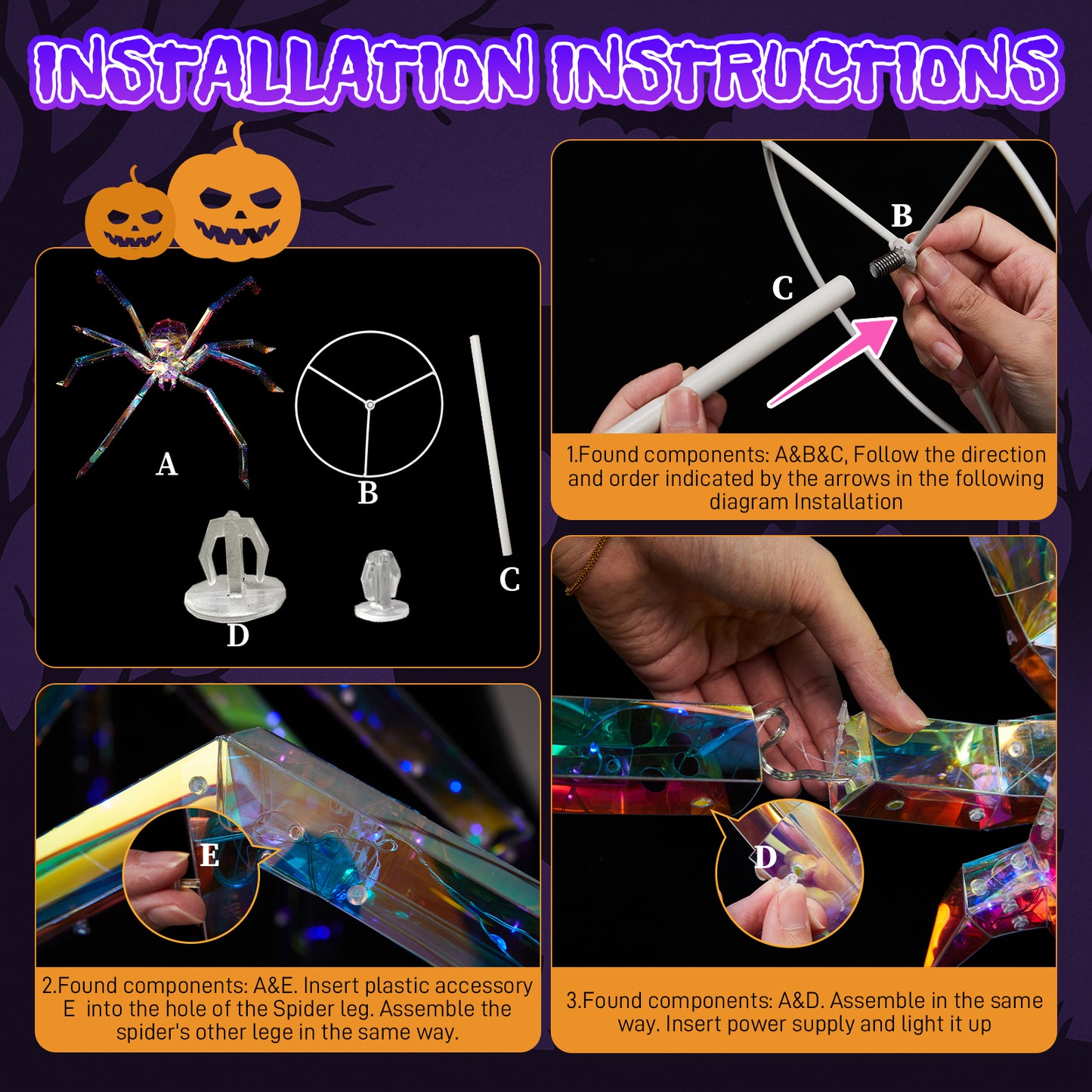 US Local 3FT Halloween Decorations Light Up Spider, Outdoor Halloween Decor Lighted Iridescent Spider, Weather Proof Pre-lit Spider with 340 LED Lights, for Front Yard Porch Gardens Lawns Party
