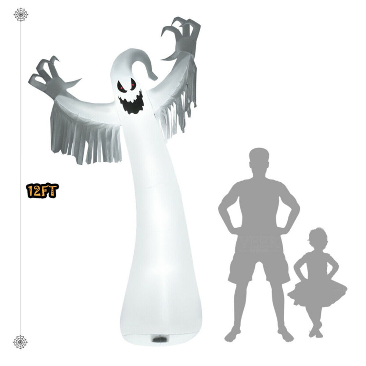 US Local Spooky Halloween Inflatable Ghost - 12 ft Tall with LED Lights, Waterproof Fabric, Spikes/Ropes for Stability, White