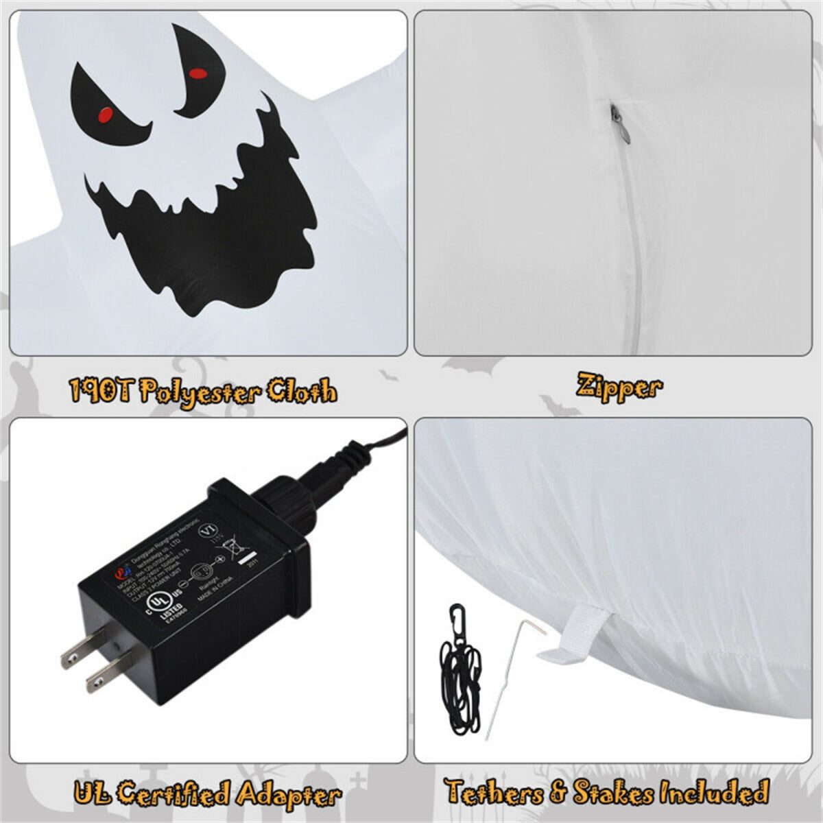 US Local Spooky Halloween Inflatable Ghost - 12 ft Tall with LED Lights, Waterproof Fabric, Spikes/Ropes for Stability, White