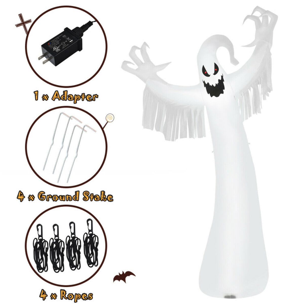 US Local Spooky Halloween Inflatable Ghost - 12 ft Tall with LED Lights, Waterproof Fabric, Spikes/Ropes for Stability, White