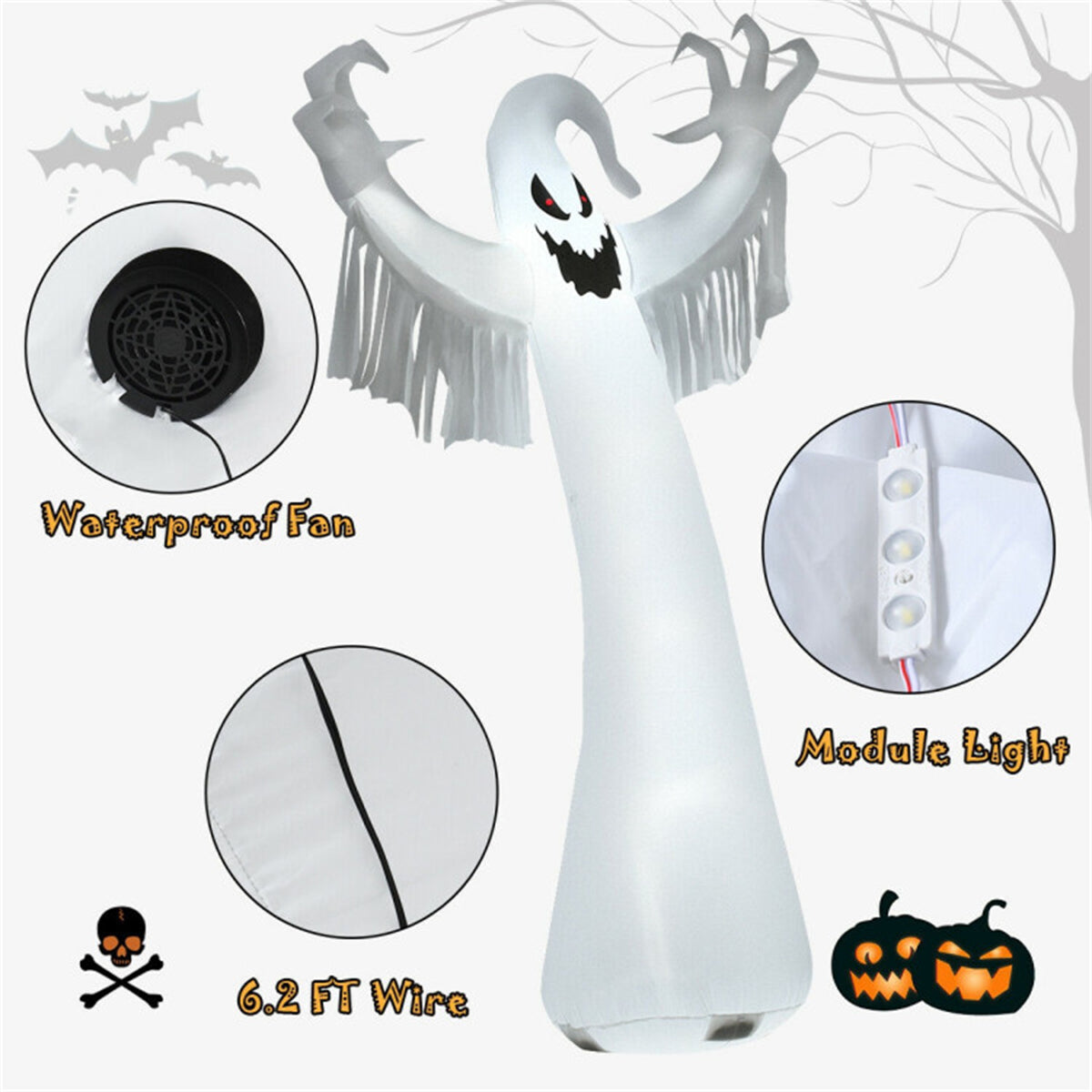 US Local Spooky Halloween Inflatable Ghost - 12 ft Tall with LED Lights, Waterproof Fabric, Spikes/Ropes for Stability, White