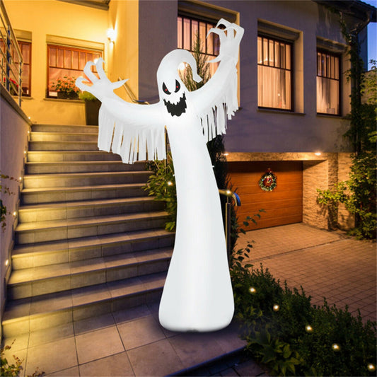 US Local Spooky Halloween Inflatable Ghost - 12 ft Tall with LED Lights, Waterproof Fabric, Spikes/Ropes for Stability, White