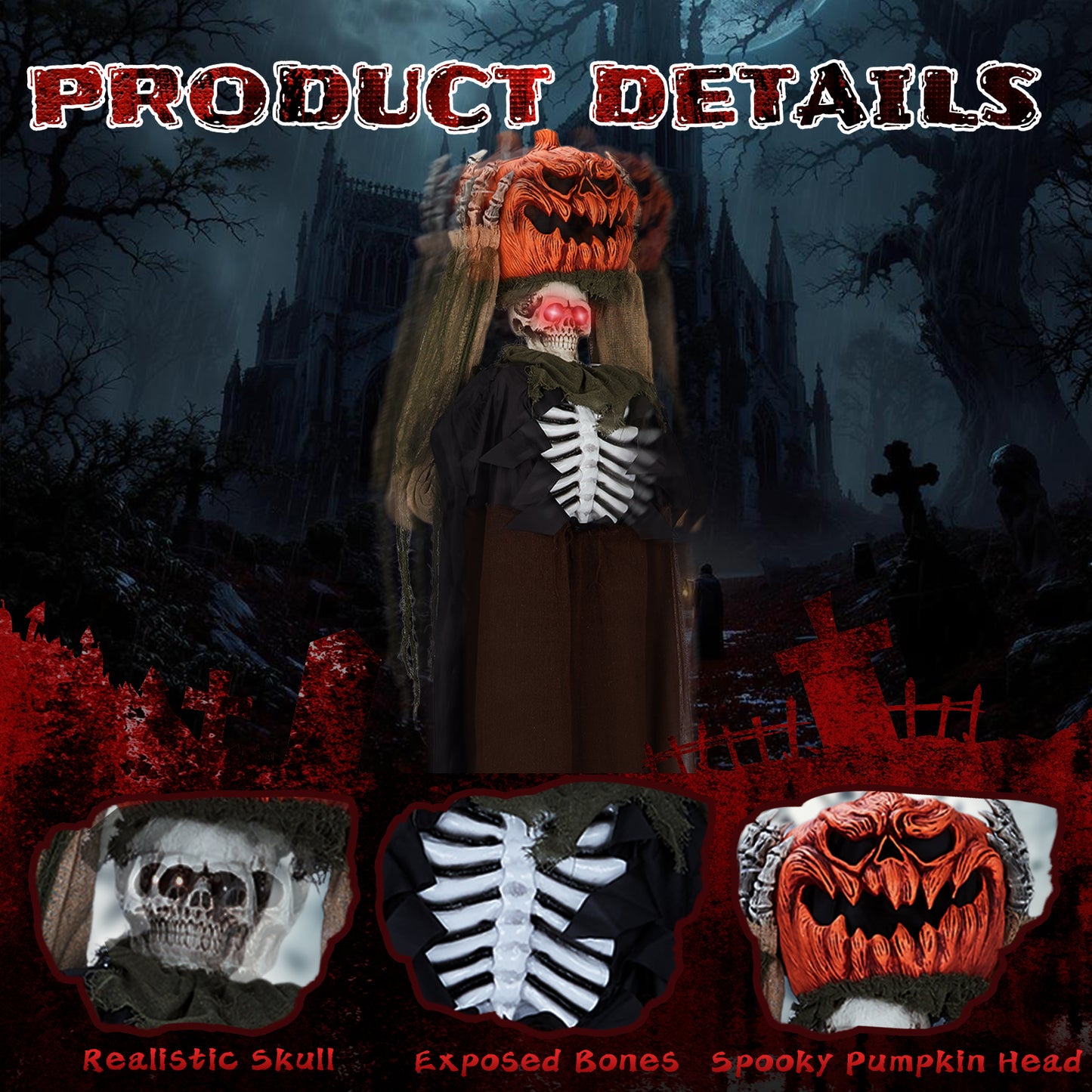 US Local 5.6ft Halloween Decorations Outdoor Life Size Animatronics Ghost with Pumpkin Head, Sound-Actived Party Decor with Creepy Sound , Scary Haunted House Props for Garden Yard Lawn
