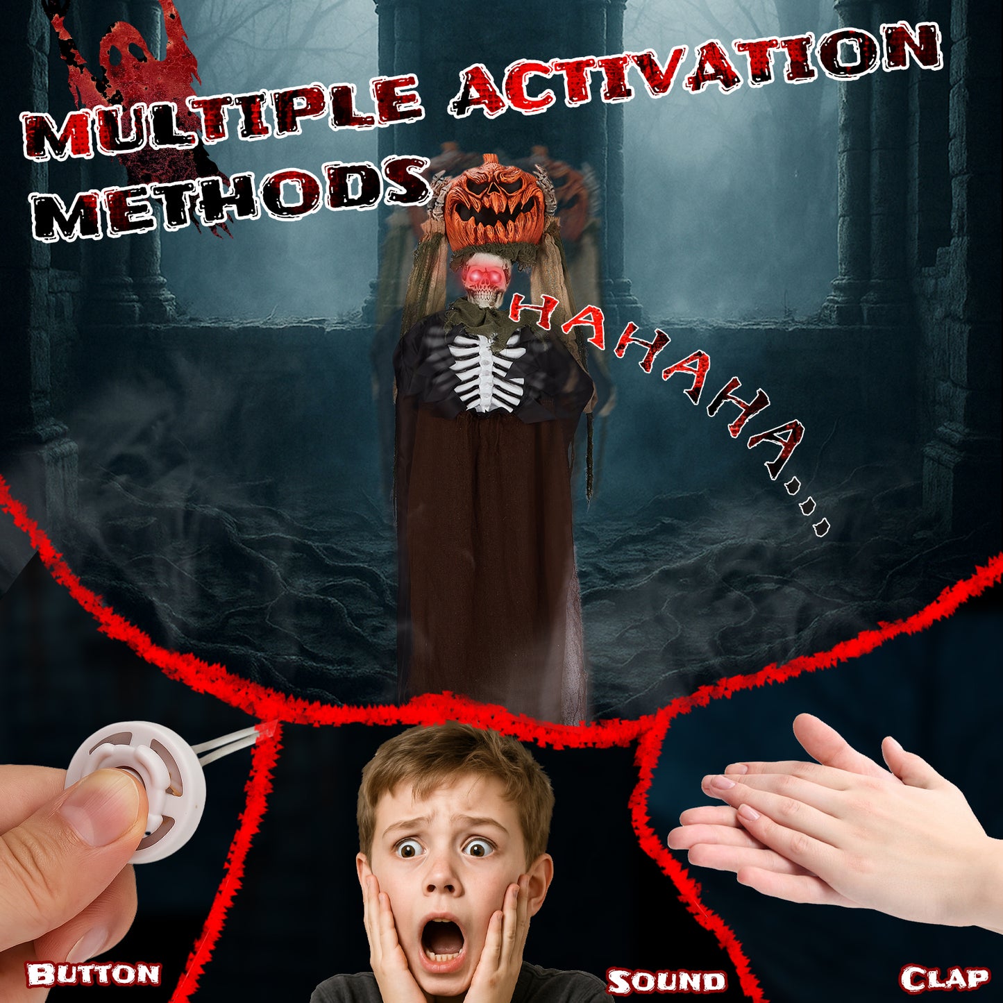 US Local 5.6ft Halloween Decorations Outdoor Life Size Animatronics Ghost with Pumpkin Head, Sound-Actived Party Decor with Creepy Sound , Scary Haunted House Props for Garden Yard Lawn