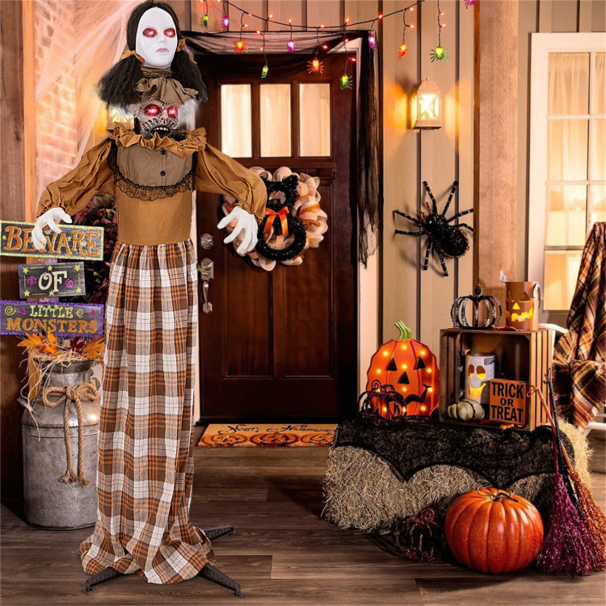 US Local 5.4ft Halloween Animatronic Witch - Scary Pop-Up Head, Sound/Button Activation, 4 Flashing Red Eyes & Screeching Laugh