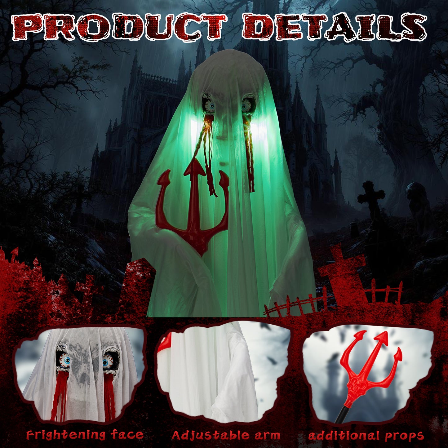 US Local 4.3ft Halloween Decorations Outdoor Life Size Animatronics Ghost with Trident, Sound-Actived Party Decor with Green Lights and Creepy Sound, Scary Haunted House Props for Garden Yard Lawn