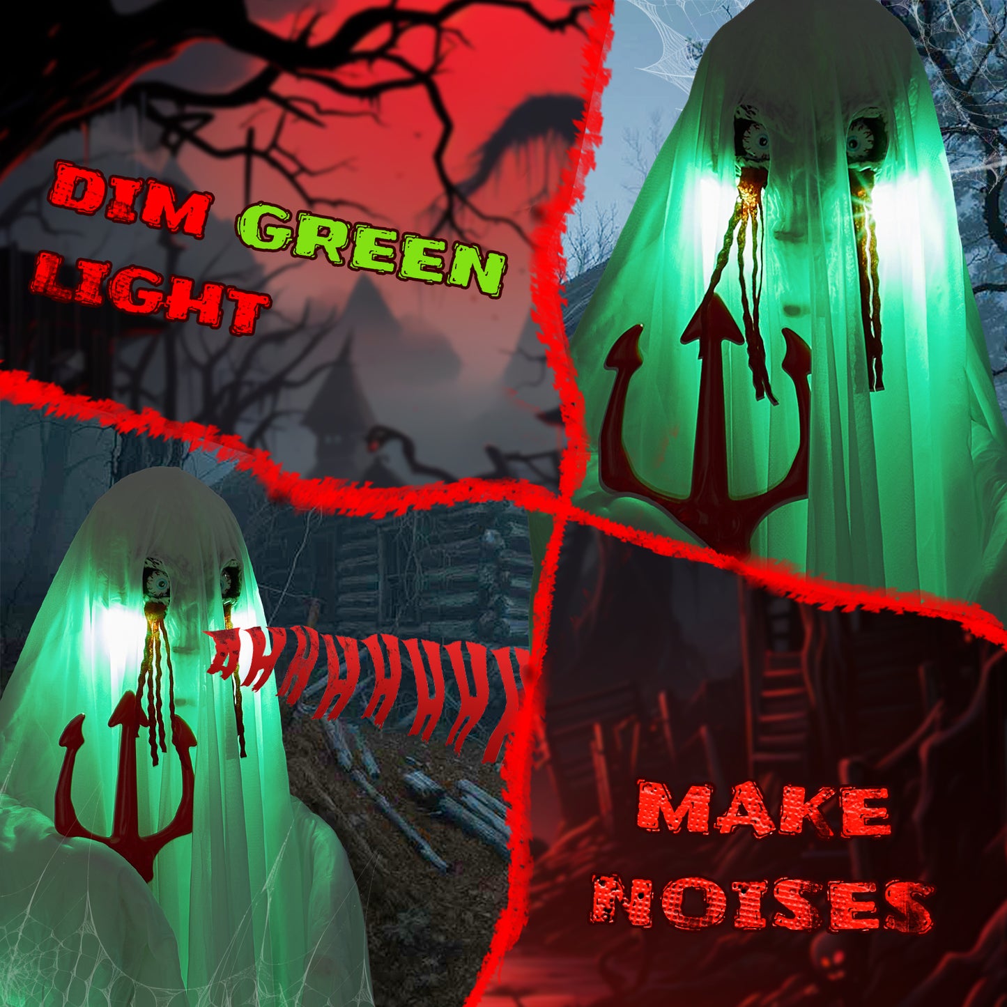 US Local 4.3ft Halloween Decorations Outdoor Life Size Animatronics Ghost with Trident, Sound-Actived Party Decor with Green Lights and Creepy Sound, Scary Haunted House Props for Garden Yard Lawn