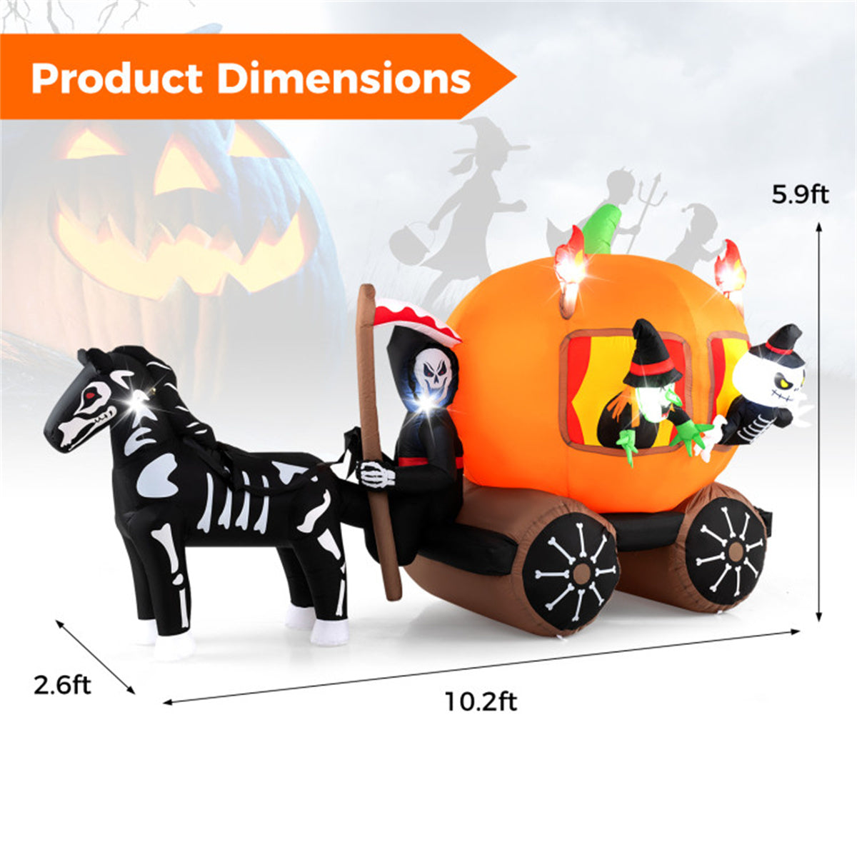 US Local 10.2x2.6x5.9ft Halloween Inflatable Carriage - 6 LED Lights, Premium Polyester (IP44 Waterproof), Built-in Blower