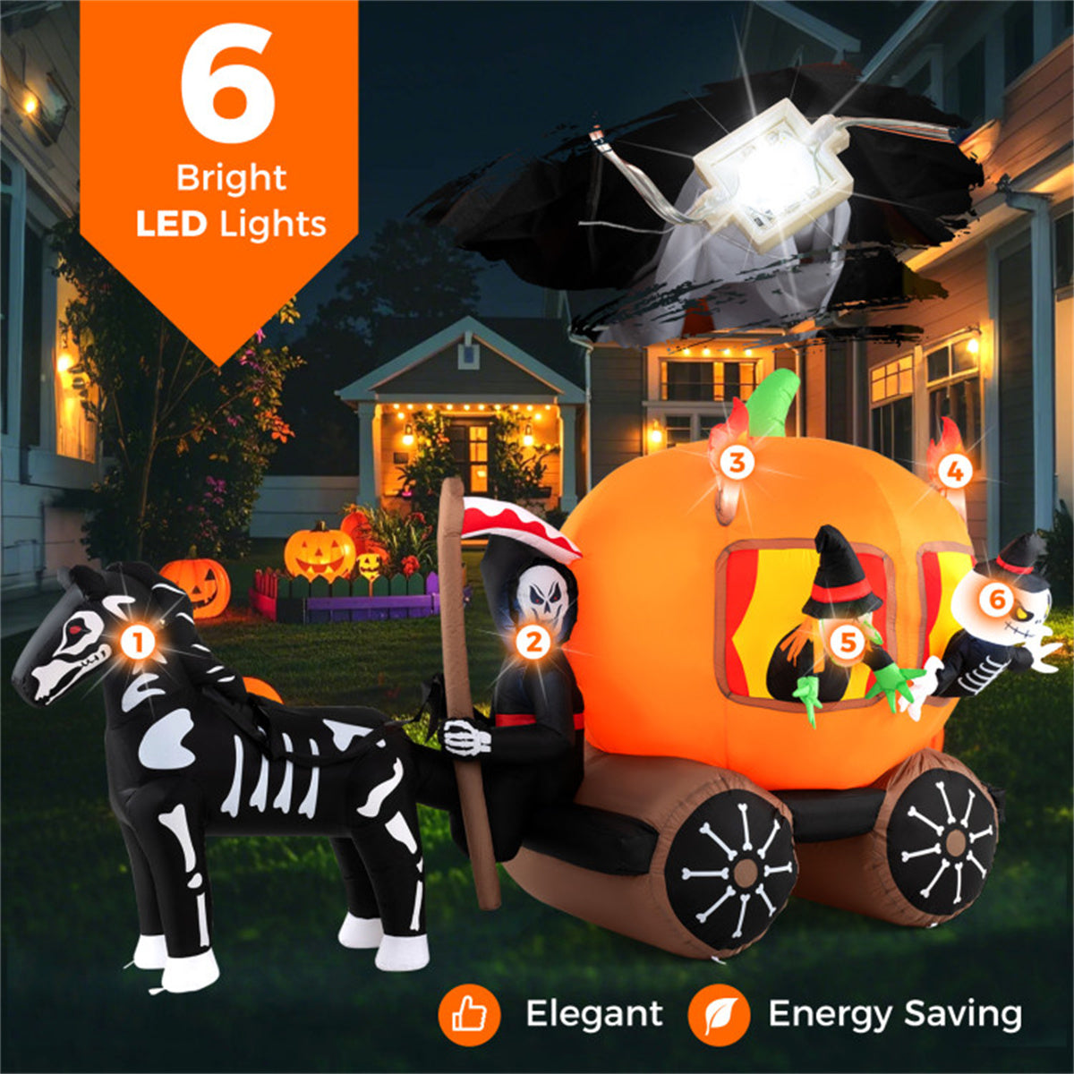 US Local 10.2x2.6x5.9ft Halloween Inflatable Carriage - 6 LED Lights, Premium Polyester (IP44 Waterproof), Built-in Blower