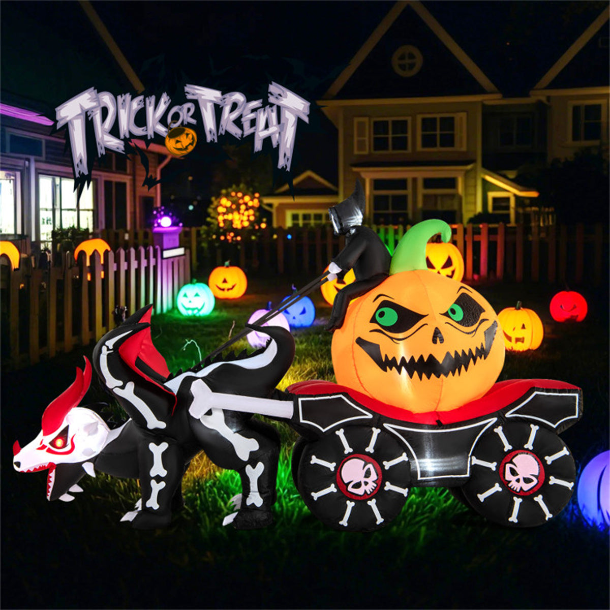 US Local 9 Feet Halloween Inflatable LED Lighted Carriage with Pumpkin and Skeleton Dragon