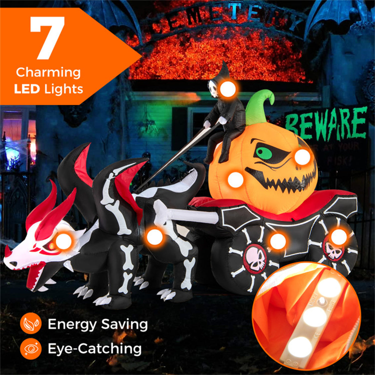 US Local 9 Feet Halloween Inflatable LED Lighted Carriage with Pumpkin and Skeleton Dragon