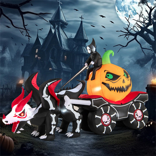 US Local 9 Feet Halloween Inflatable LED Lighted Carriage with Pumpkin and Skeleton Dragon