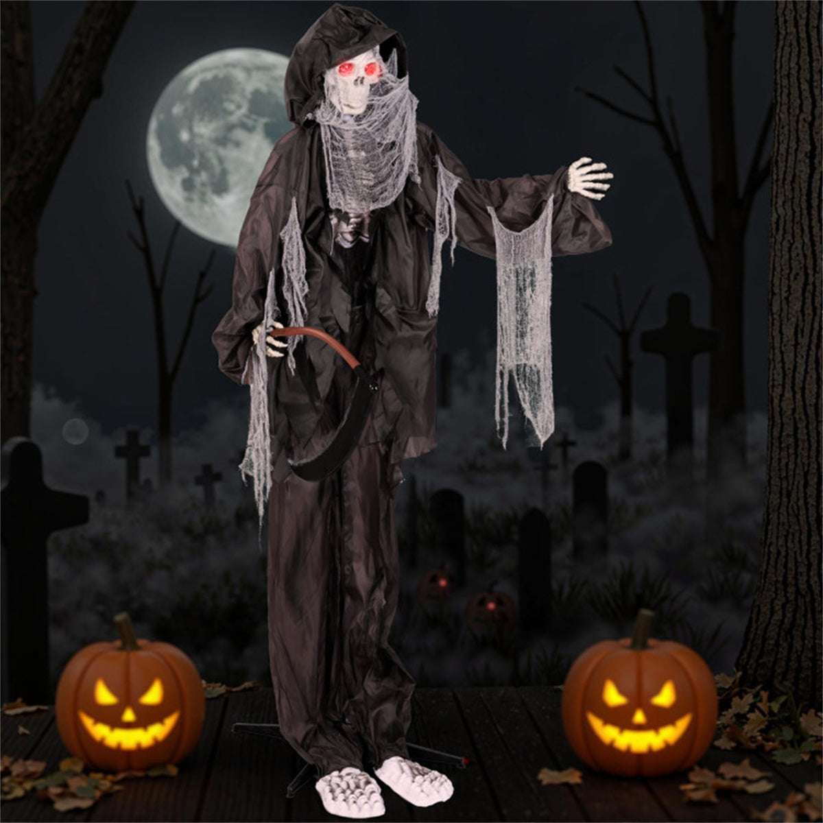 US Local 8.5ft Halloween Grim Reaper Decoration - Sound-Activated Design, Glowing Eyes, Tattered Garb & Sickle, Tool-Free Assembly