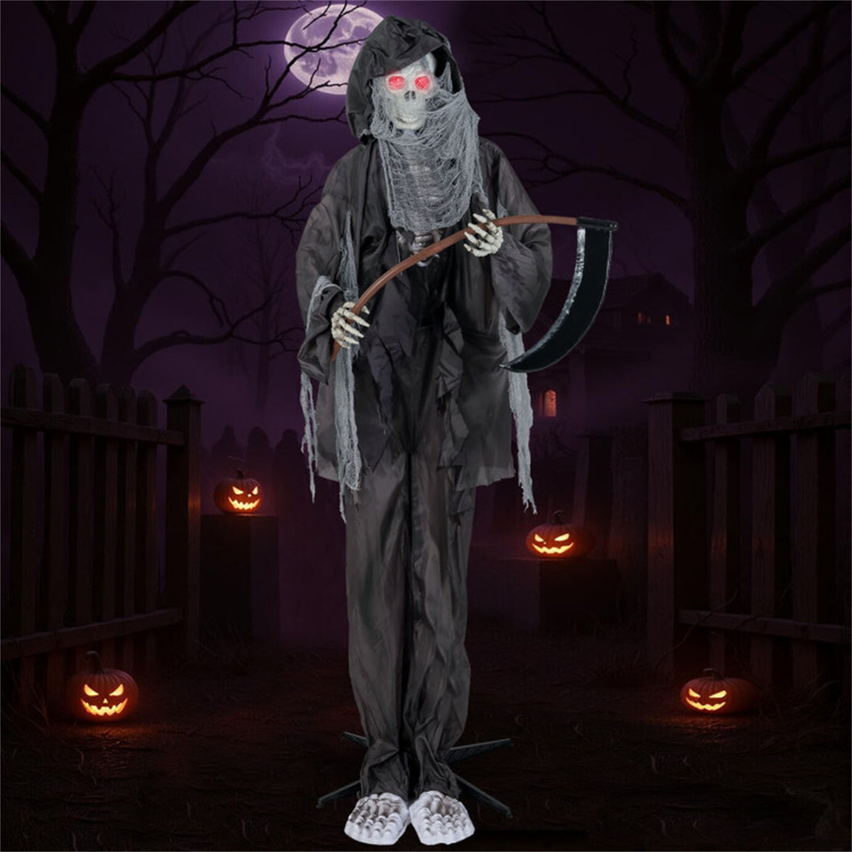 US Local 8.5ft Halloween Grim Reaper Decoration - Sound-Activated Design, Glowing Eyes, Tattered Garb & Sickle, Tool-Free Assembly