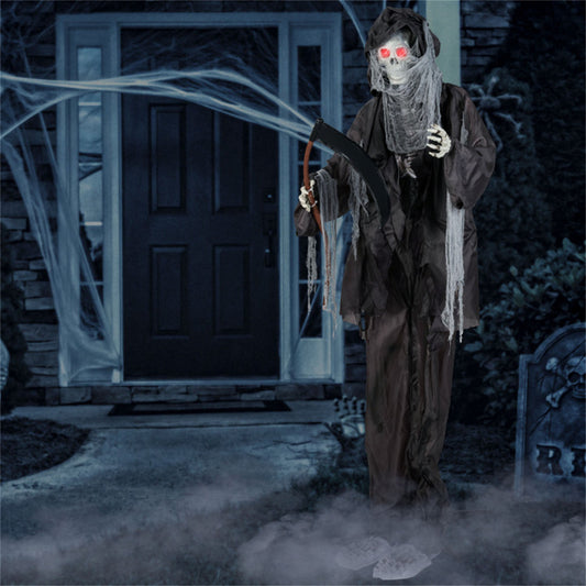 US Local 8.5ft Halloween Grim Reaper Decoration - Sound-Activated Design, Glowing Eyes, Tattered Garb & Sickle, Tool-Free Assembly