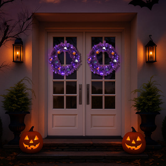 US Local 24in Pre-lit Halloween-Themed Christmas Wreath, Lighted Artificial Xmas Wreath with 50 Purple & Orange Lights and 100 PVC Tips and DIY Ball Ornaments, for Front Door Gate Wall Xmas Party Decorations,