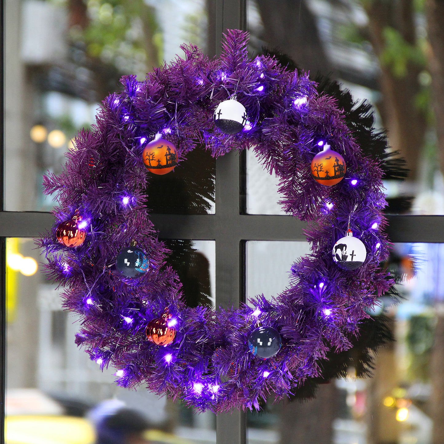 US Local 24in Pre-lit Halloween-Themed Christmas Wreath, Lighted Artificial Xmas Wreath with 50 Purple & Orange Lights and 100 PVC Tips and DIY Ball Ornaments, for Front Door Gate Wall Xmas Party Decorations,
