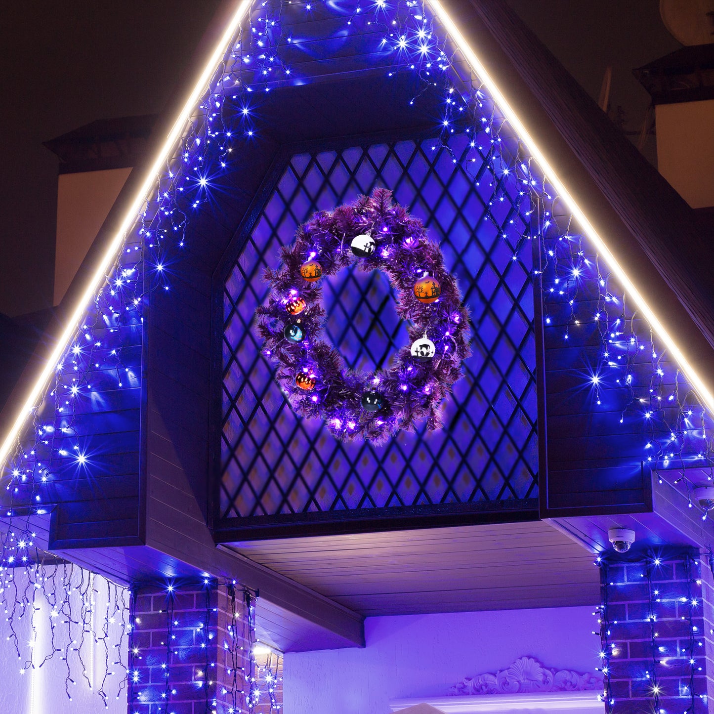 US Local 24in Pre-lit Halloween-Themed Christmas Wreath, Lighted Artificial Xmas Wreath with 50 Purple & Orange Lights and 100 PVC Tips and DIY Ball Ornaments, for Front Door Gate Wall Xmas Party Decorations,