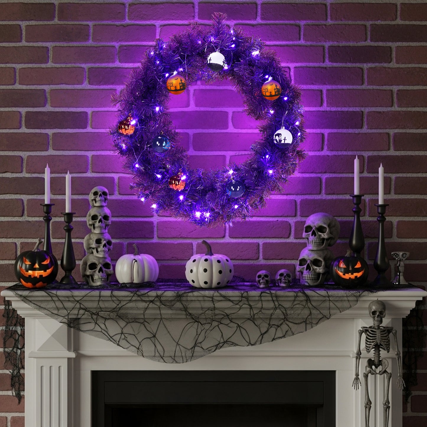 US Local 24in Pre-lit Halloween-Themed Christmas Wreath, Lighted Artificial Xmas Wreath with 50 Purple & Orange Lights and 100 PVC Tips and DIY Ball Ornaments, for Front Door Gate Wall Xmas Party Decorations,