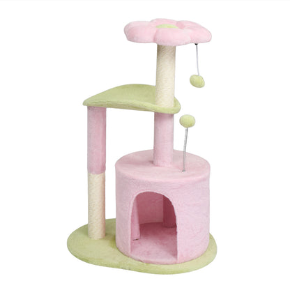 US Local 33in Cat Tree, Multi-level Cat Tower with Cat Scratching Post with Curved Perch, Cozy Cat Condo, Padded Top Bed for Kittens and Indoor Cats, Pink & Green