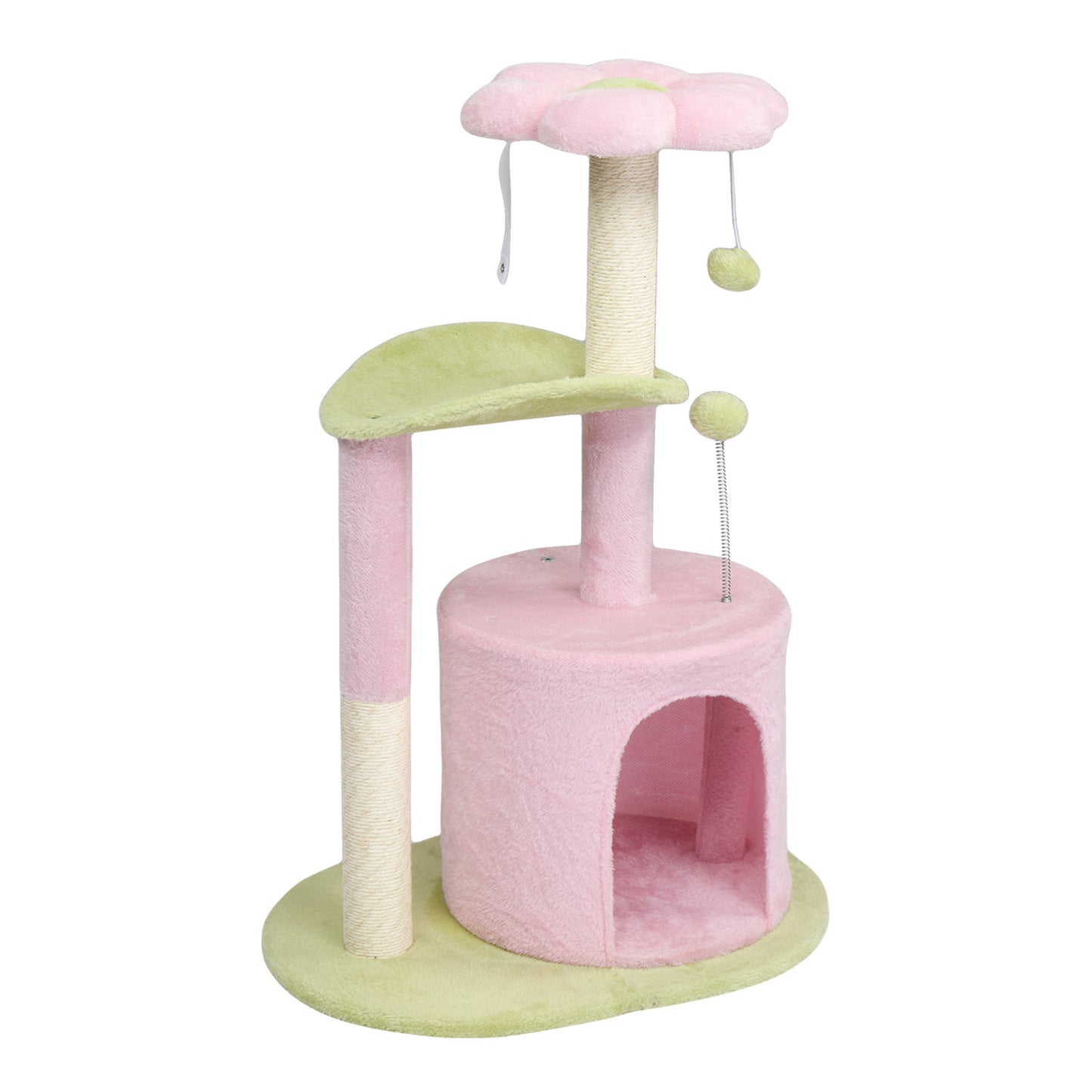 US Local 33in Cat Tree, Multi-level Cat Tower with Cat Scratching Post with Curved Perch, Cozy Cat Condo, Padded Top Bed for Kittens and Indoor Cats, Pink & Green